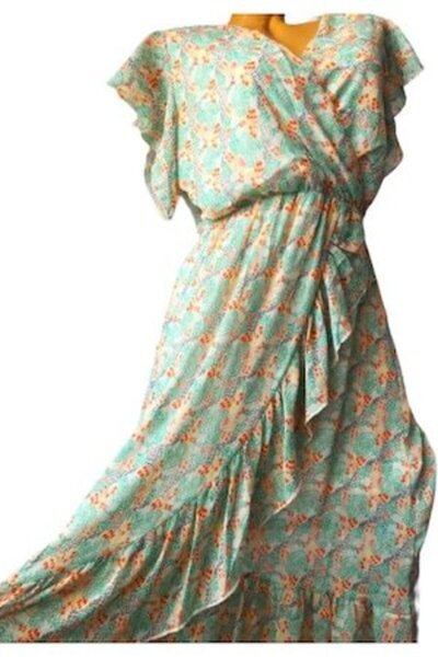 ENVY Maxi Dress with Ruffles, Turquoise, Size L-XL, Polyester