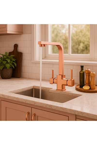 banyosepeti صنبور مطبخ مربع من النحاس المطلي بالذهب الوردي من كيوبكس - ذو ذرا...