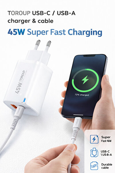 Toroup 45W USB-C & USB-A Fast Charger + Type-C Cable – Fast Charging