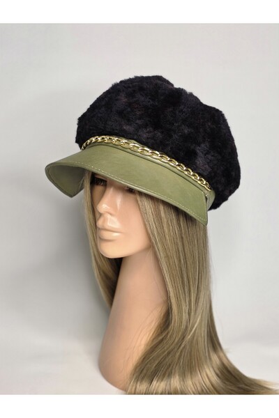 Senbeno Design KADIN SİYAH PREMIUM KÜRK GOLD ZİNCİR DETAYLI HAKİ DERİ SİPERLİ...