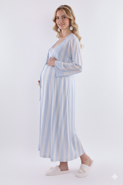 Lohussa Yeni Sezon Açık Mavi Askılı Çizgili Yazlık Tasarım Pamuk Lohusa Hamil...