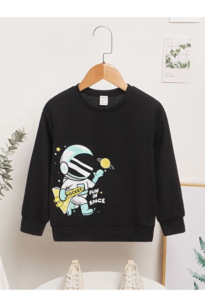 Kids Astronot Baskılı Kız Kışlık Çocuk Sweatshirt Siyah