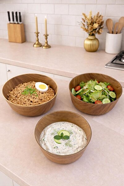 CASTEROLİ طقم أوعية مستديرة بمظهر خشبي مكون من 3 قطع - وعاء للسلطة والوجبات ا...