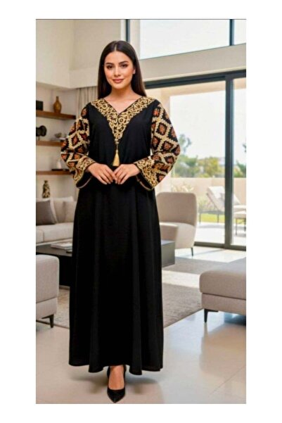 Lamis Nawar Elegant Black Kaftan with Embroidered Sleeves