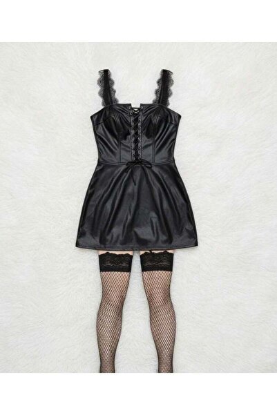 Lamis Nawar Generic Lace-Up Leather Mini Dress with Scalloped Lace Straps – B...