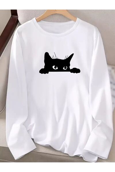 Kids Дівчача зимова дитяча кофта з принтом чорної кішки, біла