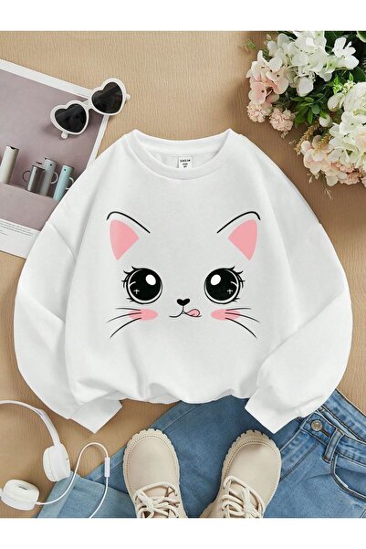Kids Büyük Kedi Baskılı Kız Kışlık Çocuk Sweatshirt Beyaz