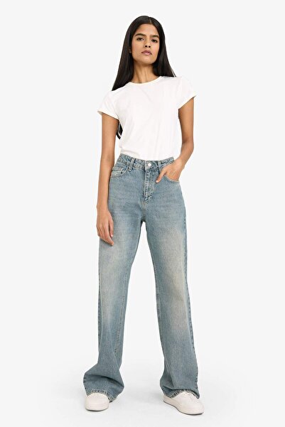 DeFacto Straight Wide High Waist Long Jean Washed Pants G8851Ax26Sp