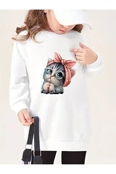 Kids Світшот для дівчаток з принтом «Солодка кішка», зимовий, білий