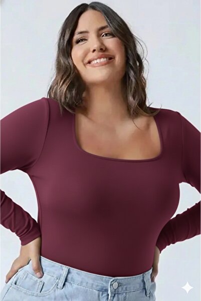 FOR ESRA BIG TREND Women's Plus Size Burgundy Square Neck Long Sleeve Modal S...