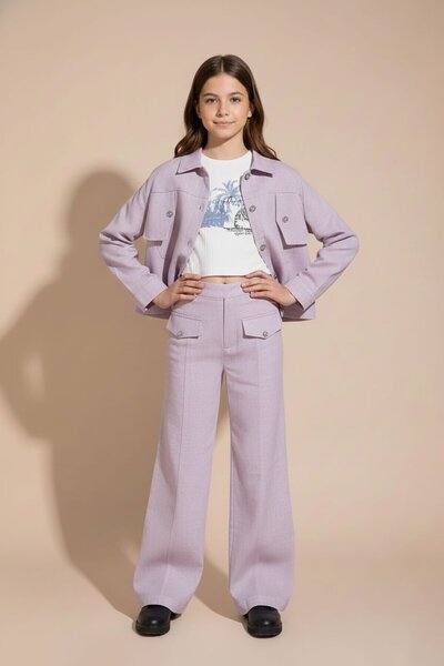 CansınMini Dusty Rose Button-Detail Linen Shirt and Pants Girls' 3-Piece Set 23497