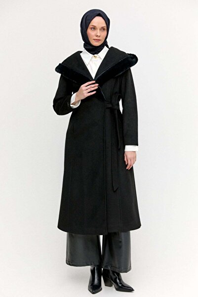 Setrms Suni Kürk Kapüşonlu Kuşaklı Kaban