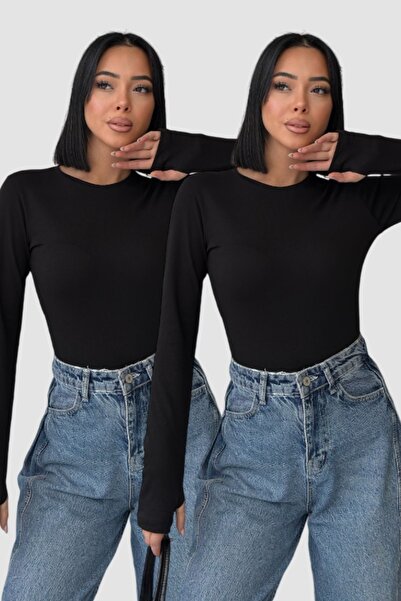 Lunamiratto Women's 2-Piece Basic Crew Neck Body Black Cotton Blouse with Fin...