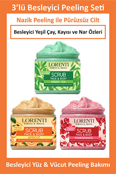 LORENTİ Yüz ve Vücut Peeling 500 ml 3'lü Set - Pürüzsüzleştirici Besleyici Ba...