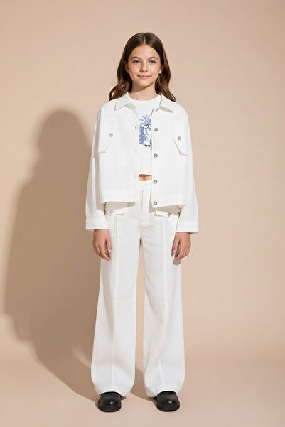 Cansın Mini Ecru Button Detailed Linen Shirt and Trousers Girl's 3-Piece Set ...