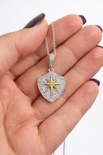 Tasarım Zircon Stone Shield Necklace – Silver Color Chain Necklace with Gold Star Detail - Tarnish-Free Stainless Steel