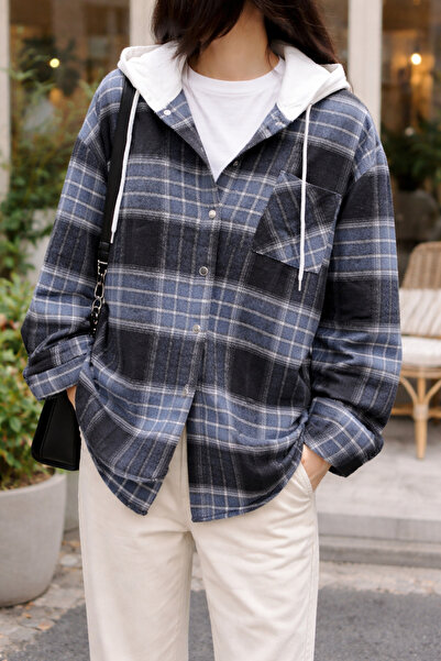 OLİAWEAR Kapüşönlü Ekoseli Oversize Gömlek