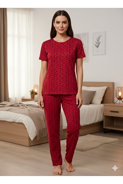 FAMES PİJAMA Set de pijamale de vară pentru femei, cu mâneci scurte, roșu, cu...