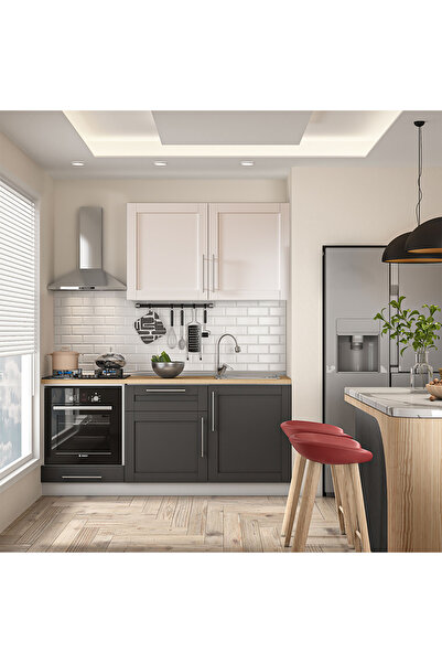 DEKOREX Pia Beyaz Antrasit 180 Cm Fırın Modüllü Meşe Tezgahlı Hazır Mutfak PB...