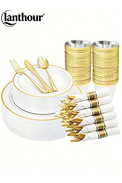 lanthour 175 Piece Gold Glitter Plastic Dinnerware Set for 25 Guests, Fancy D...
