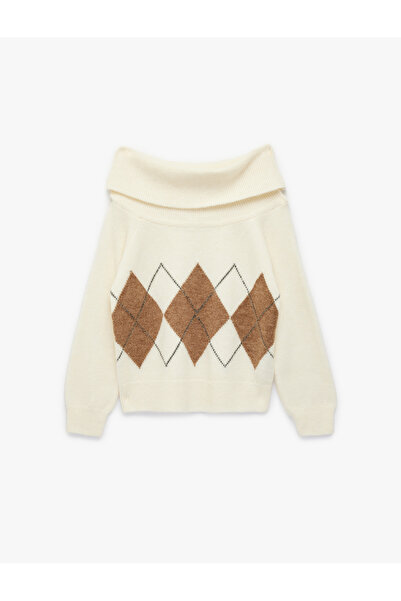 Koton Long Sleeve Diamond Pattern Boat Neck Off-The-Shoulder Knitwear Sweater