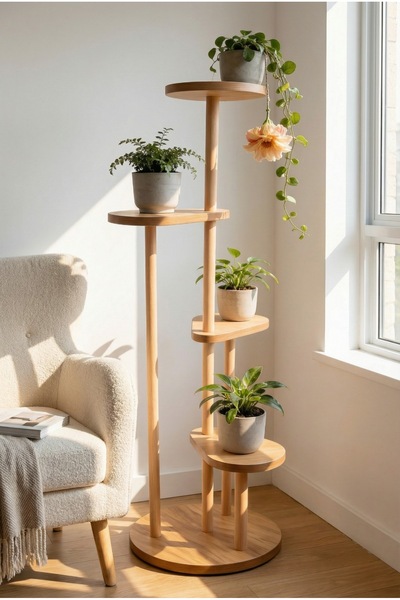 EGEMODÜLER Dekoratif 4 Raflı Ahşap Çiçeklik Saksı Standı Saksılık