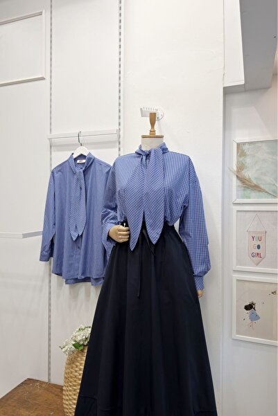 Faya Boutique Lacivert Pötikare Desenli Poplin Gömlek