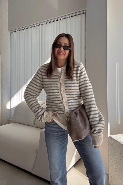 ELVAN TOLON Cardigan cu dungi de culoarea pietrei