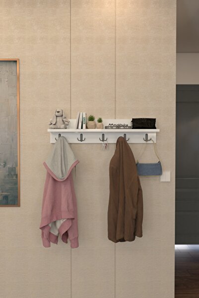 makbulce Portmanto Duvar Askılığı Raflı Elbise Askılığı Beyaz 80 cm