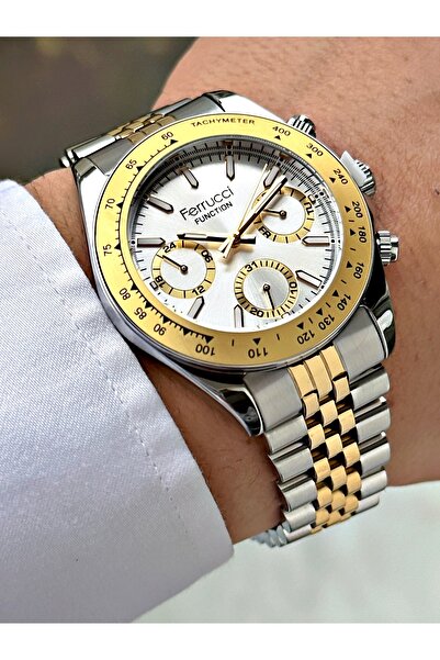 Ferrucci ساعة يد رجالية بسوار فولاذي ذهبي وفضي اللون FRC2035MR