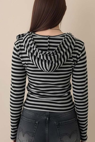 Köstebek Striped Buttoned Collar Gray Black Hooded Slim Long Sleeve Sweatshirt