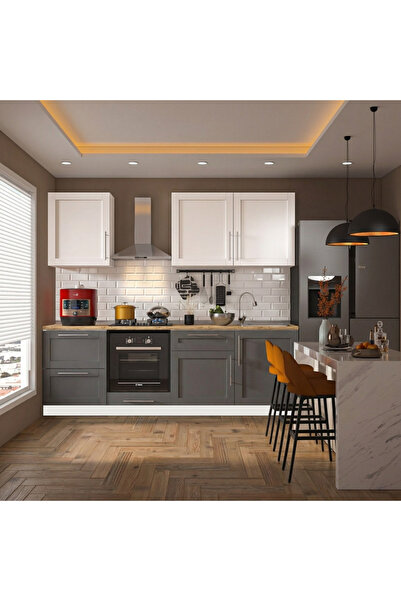 DEKOREX Pia Beyaz Antrasit 240 Cm Fırın Ve Çkmece Modüllü Meşe Tezgahlı Hazır...