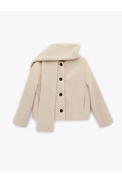 Koton Buttoned Pocket Long Sleeve Short Scarf Plush Coat