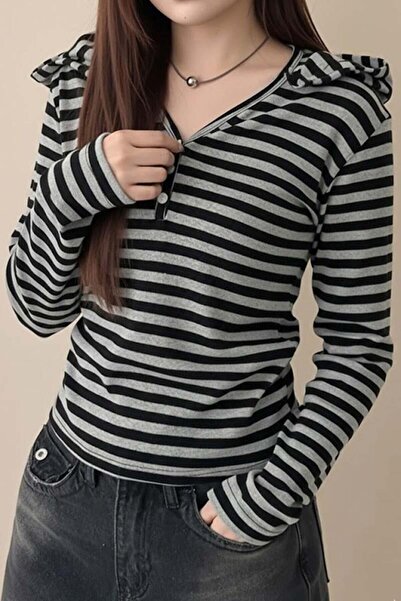 Köstebek Çizgili Düğmeli Yaka Gri Siyah Kapüşonlu İnce Uzun Kollu Sweatshirt