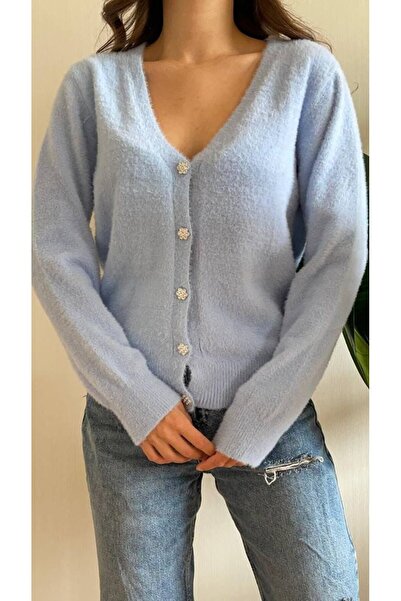 Gülümse boutique Sparkly and Soft: Feather Cardigan with Stone Button Detail