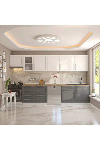 DEKOREX Pia Beyaz Antrasit 345 Cm Asp ve Çekmece Modüllü Meşe Tezgahlı Hazır ...