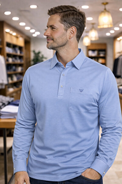 YAKAMEL Erkek Uzun Kollu Düğmeli Gömlek Yaka Cepli Günlük Tişört