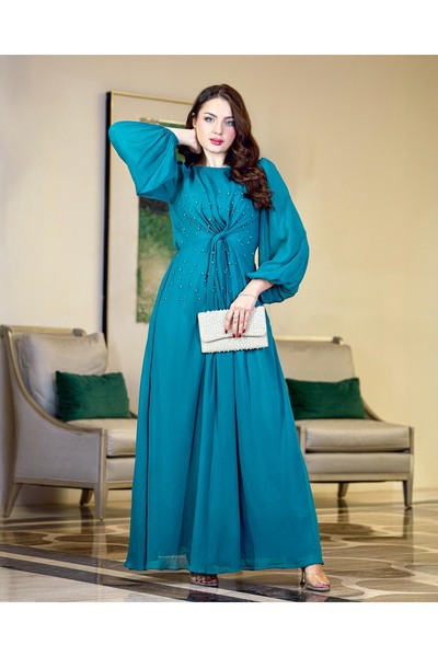 Opera Fashion فستان شيفون تركواز بتصميم أنيق وتطريز لؤلؤ فخمه