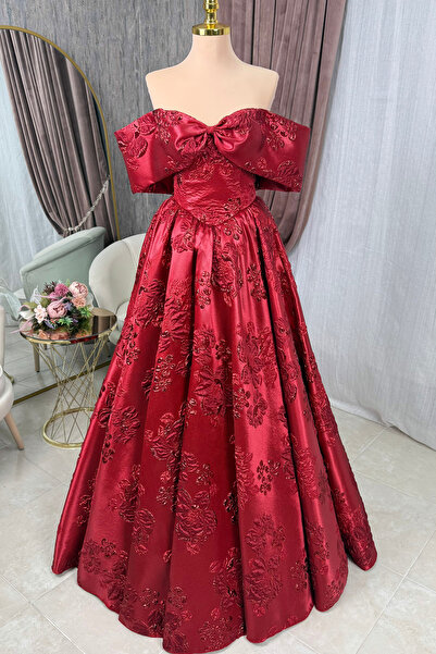 Lenta Moda Kırmızı Brokar Maxi Boy Abiye Ve Düğün Elbisesi