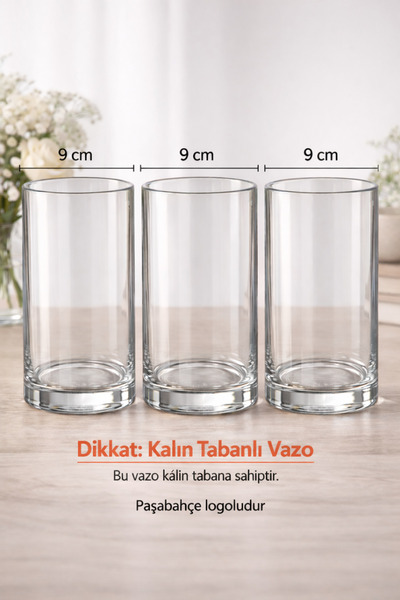 Paşabahçe 3'lü Cam Vazo Silindir Mumluk 9x16 kalın taban logolu