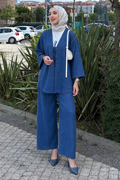 Tesettür Diyarı Kimono Double Set with Binding Detail - Indigo