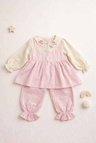Luna Kiraz Nakışlı Yakalı Kız Bebek 2 Li Takım