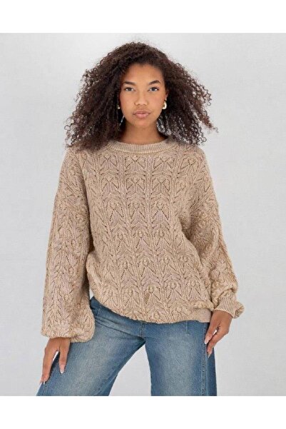Miss Poem Women's Balloon Sleeve Patterned Mink Knitwear Sweater