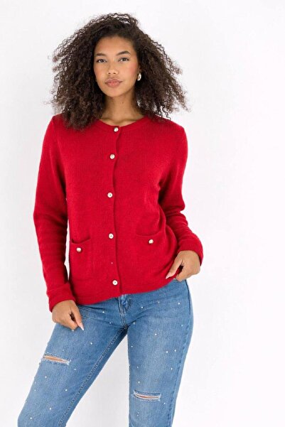 Miss Poem Women's Buttoned Two-Pocket Red Knit Cardigan