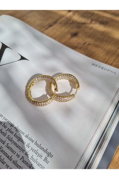 XUPING JEWELRY Çift Sıra Zirkon Taşlı Altın Kaplama Çelik Halka Küpe – Suya D...