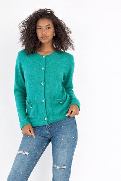 Miss Poem Women's Buttoned Two-Pocket Green Knit Cardigan