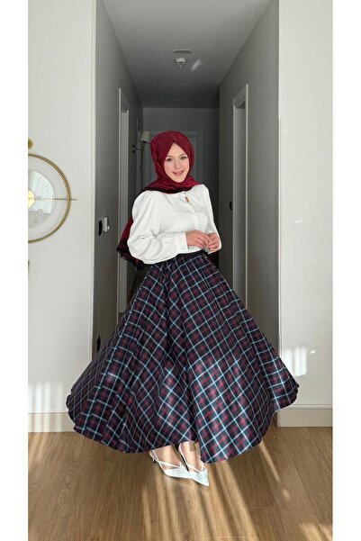 MİREL BUTİK Elit Kadın Ekoseli Desenli Kloş Etek