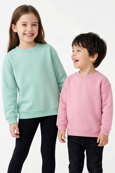 ZUZUNGA 2'Li Basic Şardonlu Çocuk Sweatshirt Su Yeşili - Pudra