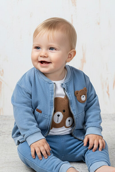 Rocha Baby Rocha Erkek Bebek Mavi Denim Görünümlü Ayıcık Nakışlı 3’lü Takım -...