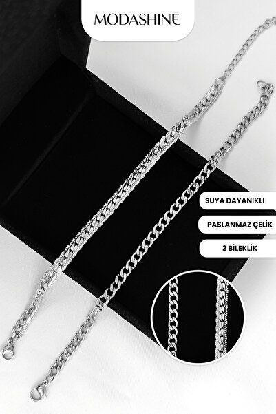 ModaShineShop مجموعة من سوارين – سلسلة من الفولاذ المقاوم للصدأ للجنسين